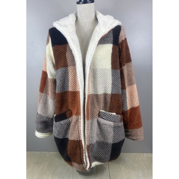 ME JANE Womens Fleece Faux Fur Sherpa Jacket Cardigan Sweater Hooded Coat Medium - Picture 1 of 10